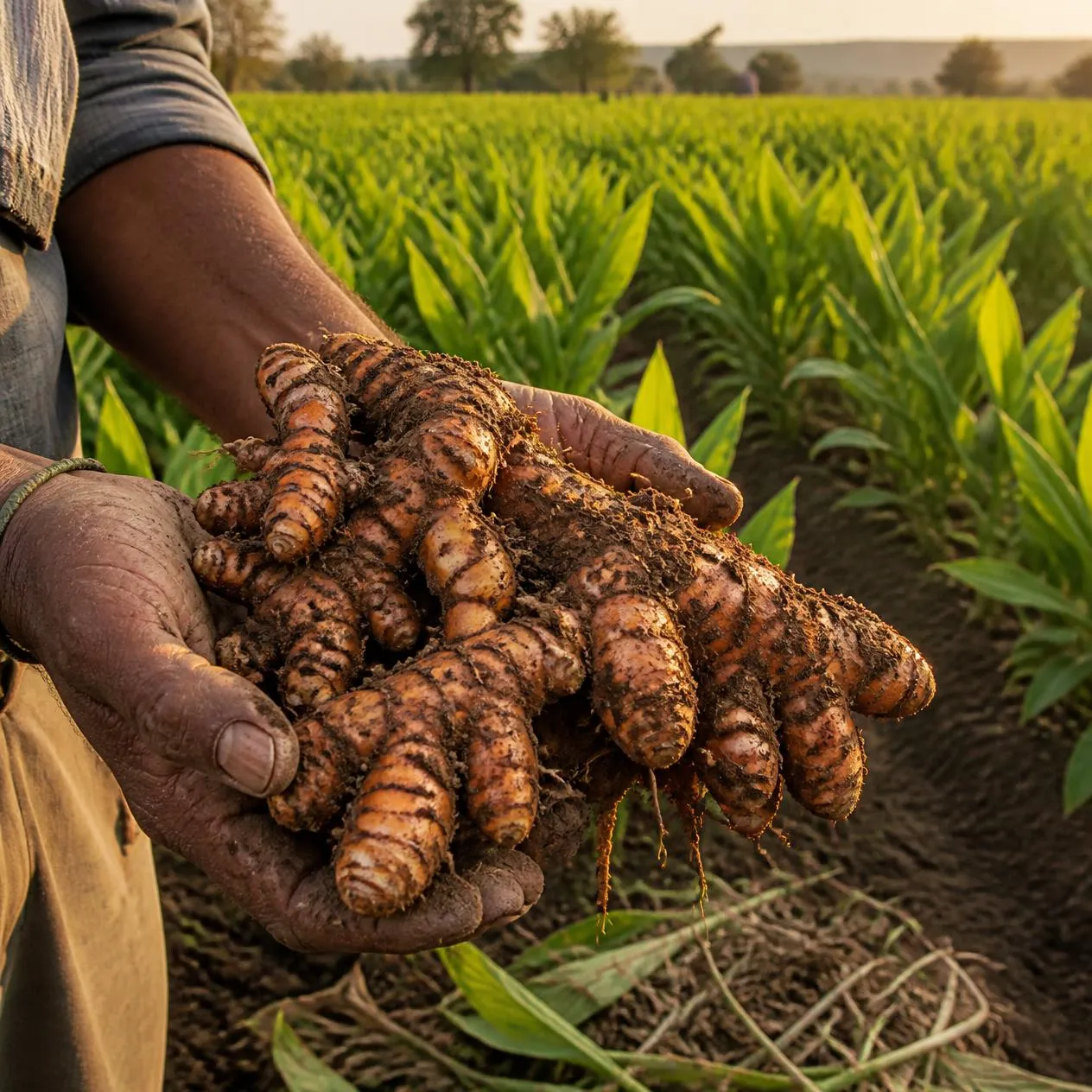 A farmer's hands holding freshly harvested turmeric rhizomes, soil still clinging, in a green turmeric field