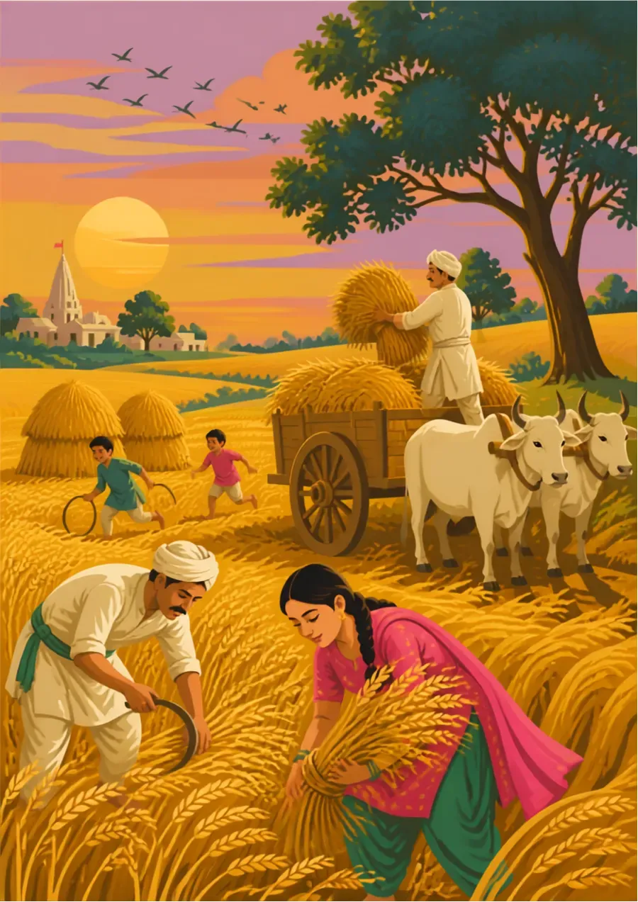 Illustration of a Maharashtrian farming family at harvest — cutting wheat by sickle, loading sheaves onto a bullock cart, children playing, a temple on the horizon at sunset