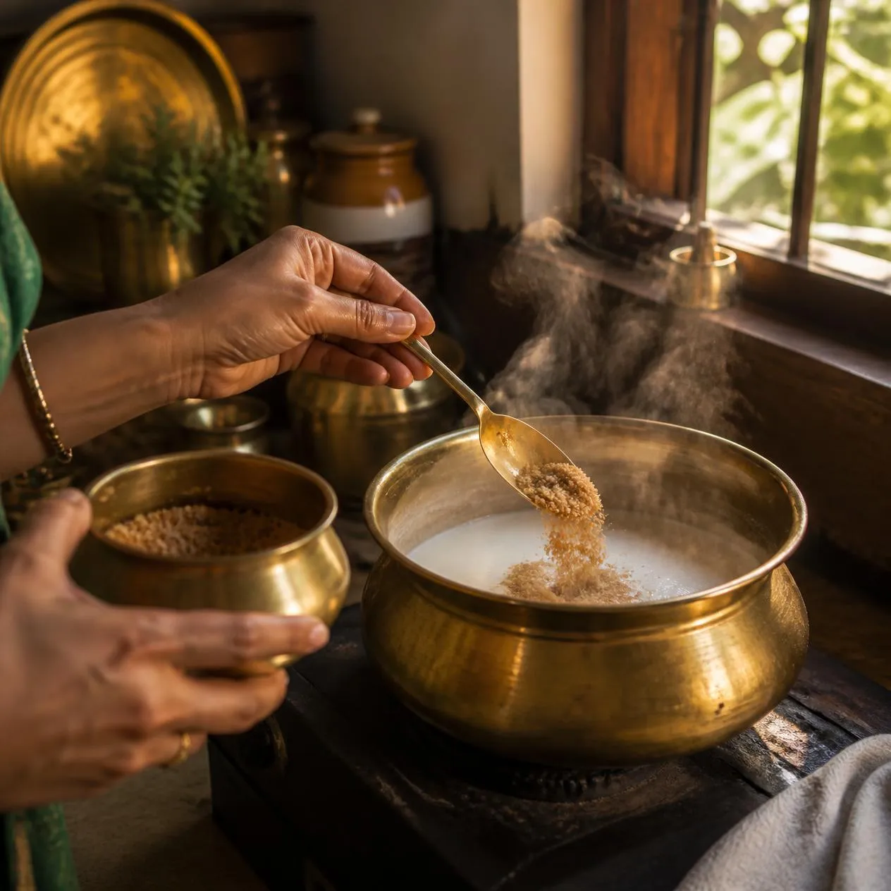 A spoonful of jaggery powder stirred into a steaming brass pot of milk in a home kitchen