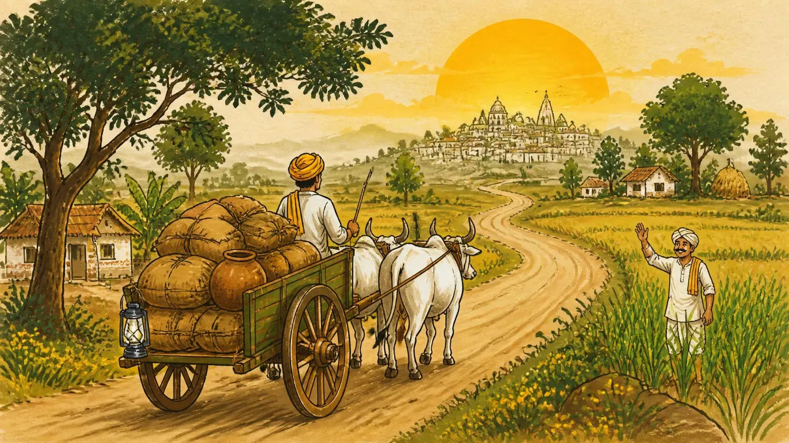 Illustration of a loaded bullock cart leaving the village at dawn on a winding road toward a distant town