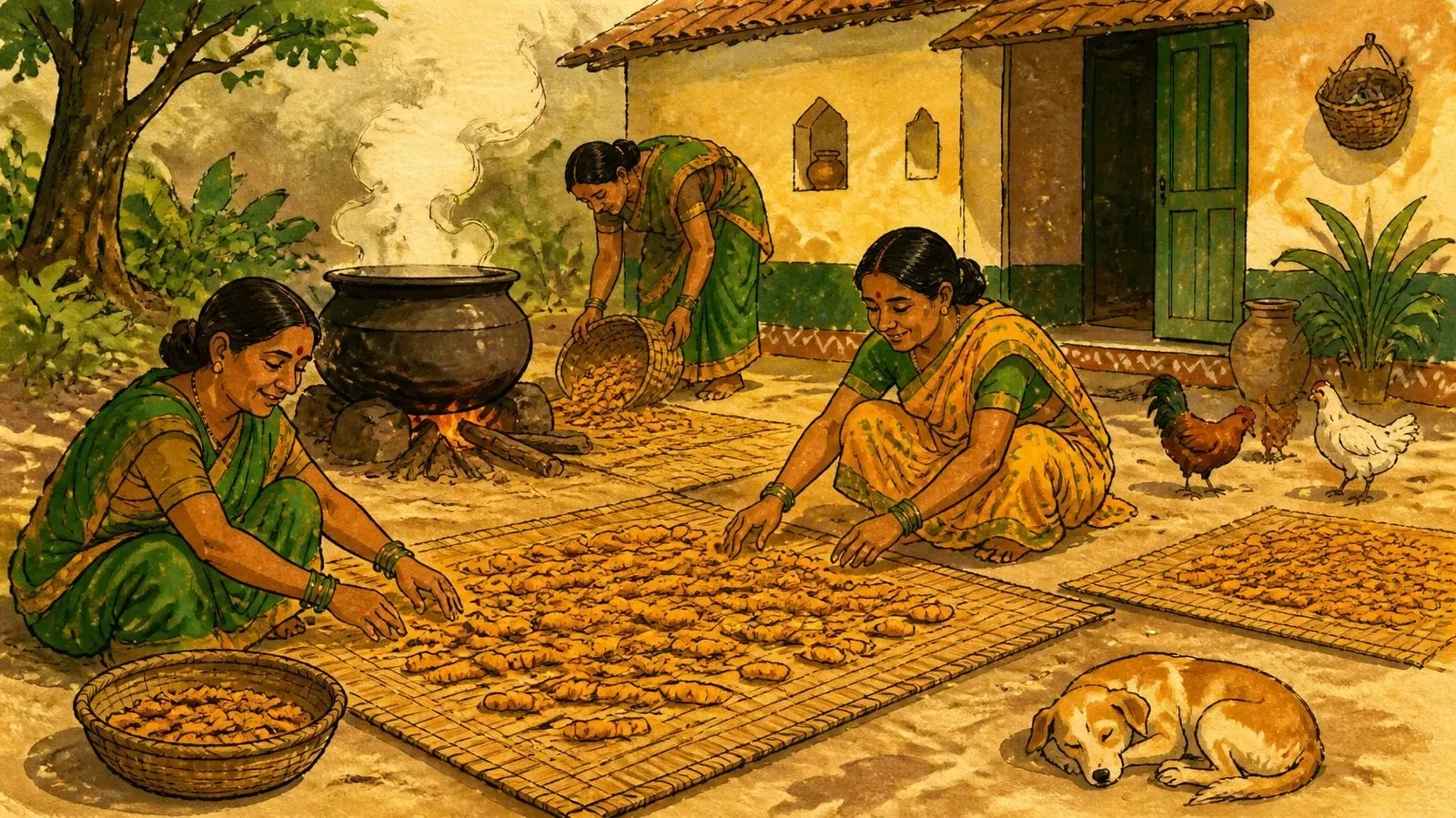 Illustration of village women spreading boiled turmeric fingers on woven mats to dry in a sunny courtyard