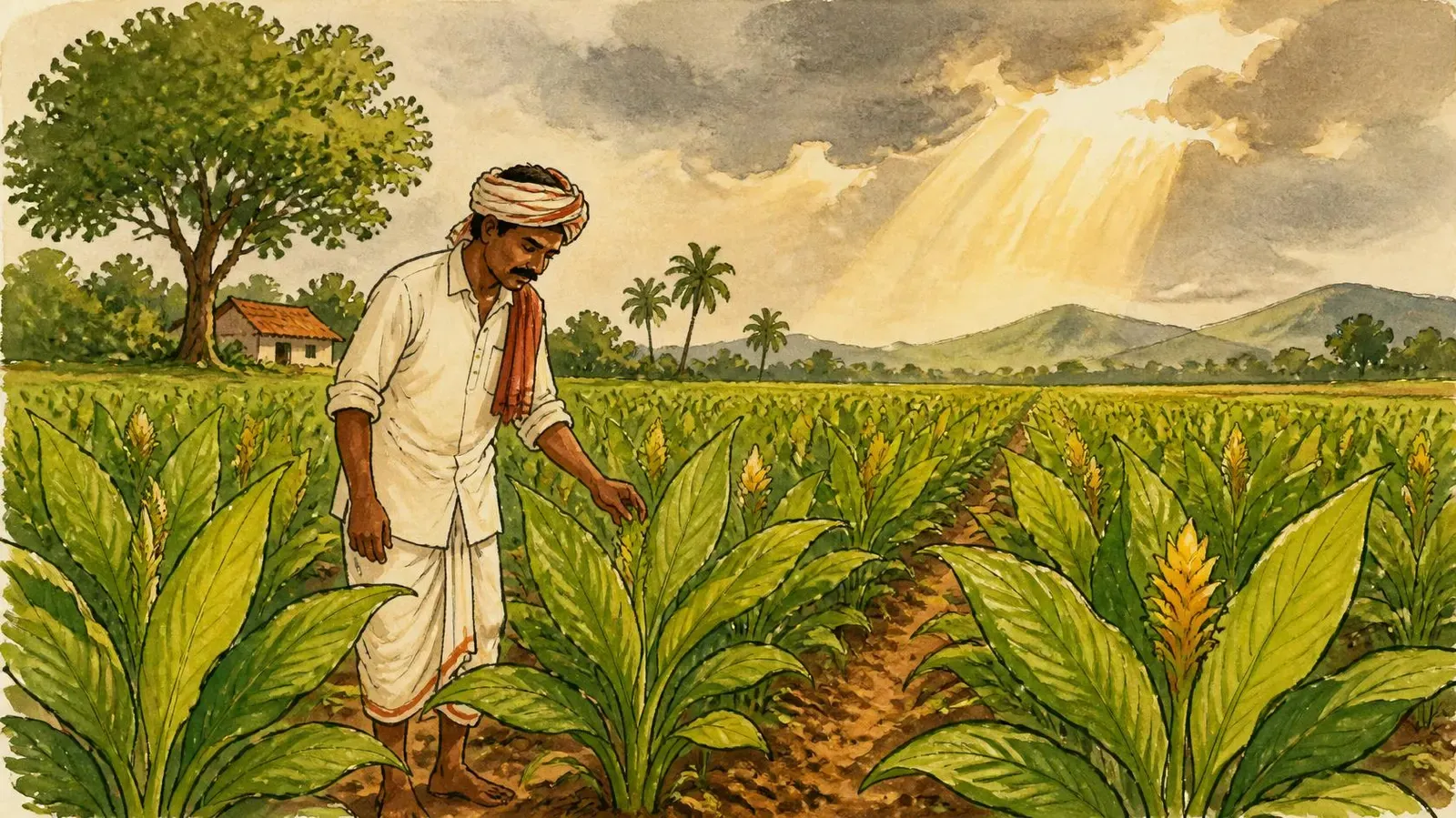 Illustration of a farmer inspecting lush rows of broad-leafed turmeric plants as monsoon clouds part