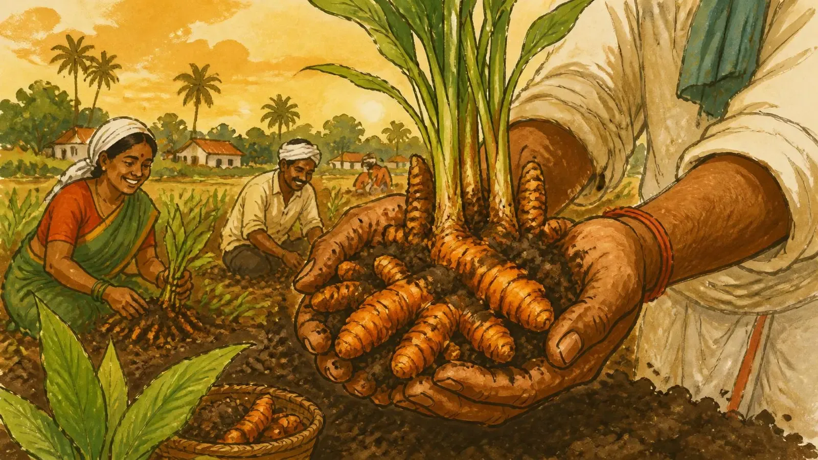 Illustration of a farmer's cupped hands lifting fresh orange turmeric rhizomes from the soil, harvesters behind