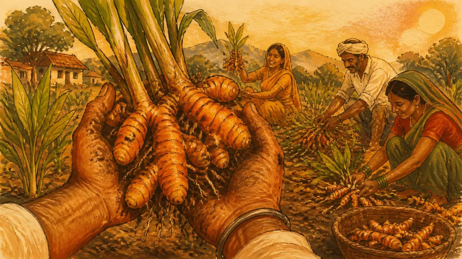Illustration of a farmer's cupped hands lifting fresh orange turmeric rhizomes from the soil, harvesters behind