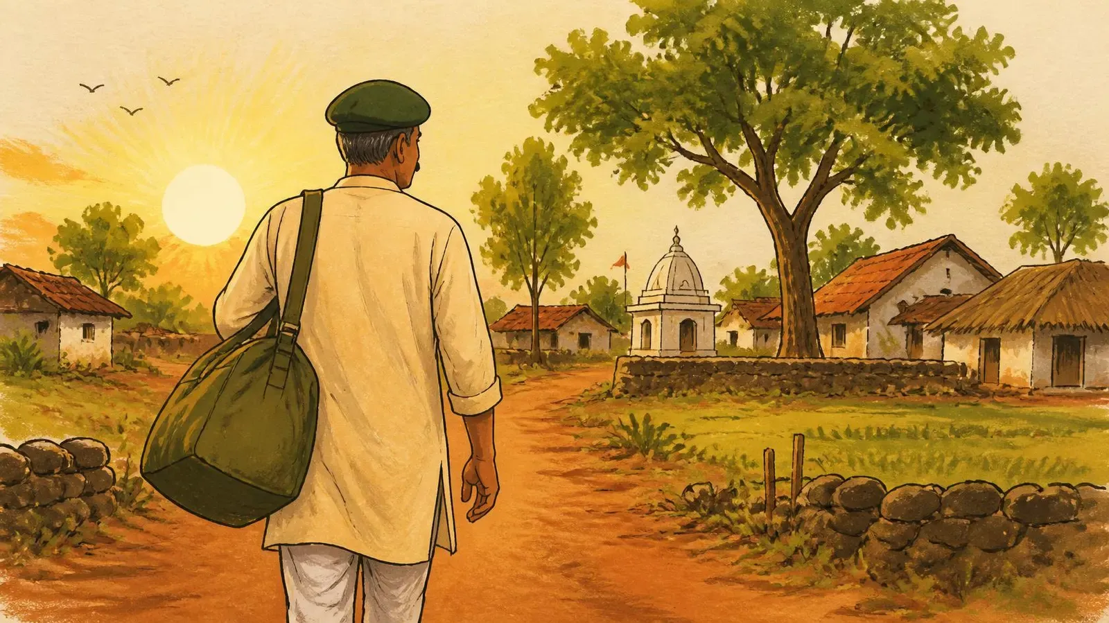 Illustration of a retired soldier walking home into his village at sunrise, duffel bag over his shoulder