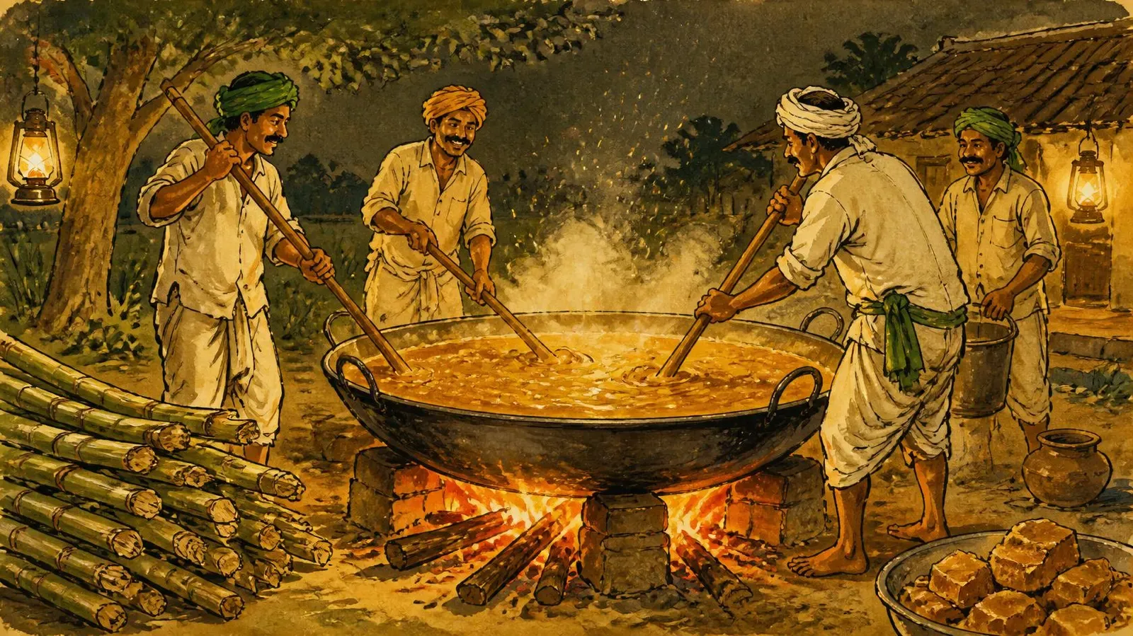 Illustration of farmers stirring a huge open pan of bubbling golden jaggery over a wood fire at night