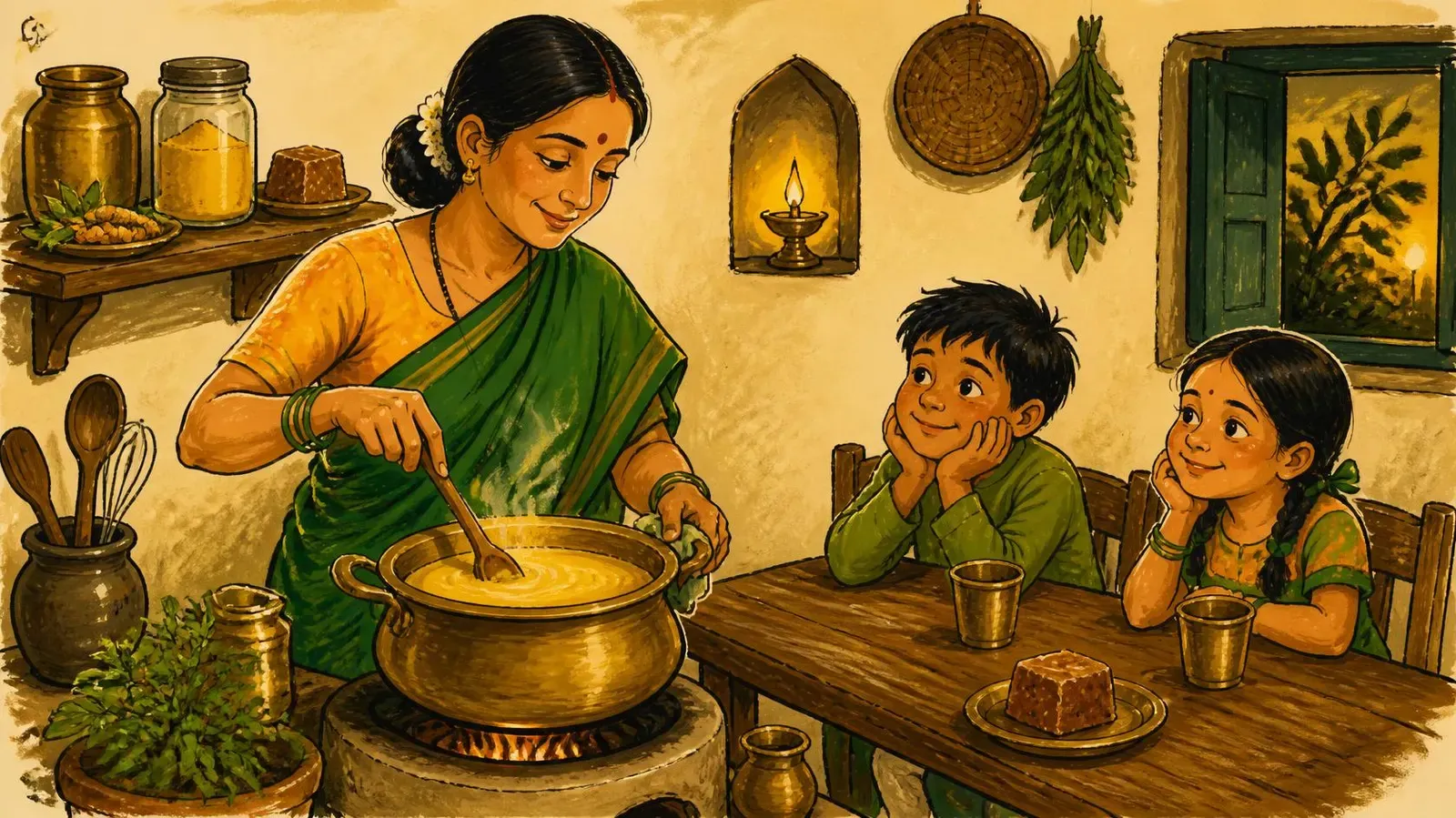 Illustration of a mother stirring golden haldi doodh in a brass pot while two children wait at the table