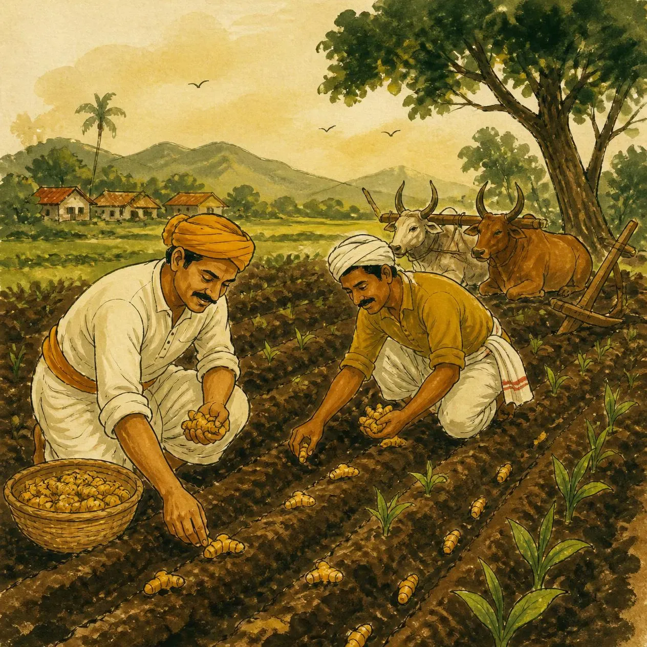 Illustration of two farmers kneeling in ploughed black soil, planting turmeric rhizomes in neat rows