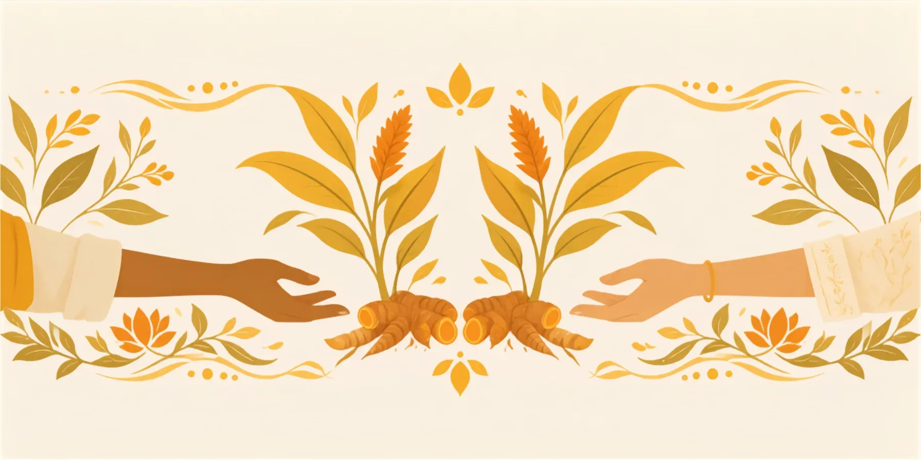 Two hands reaching toward each other over fresh turmeric roots, framed by leaves and flowers